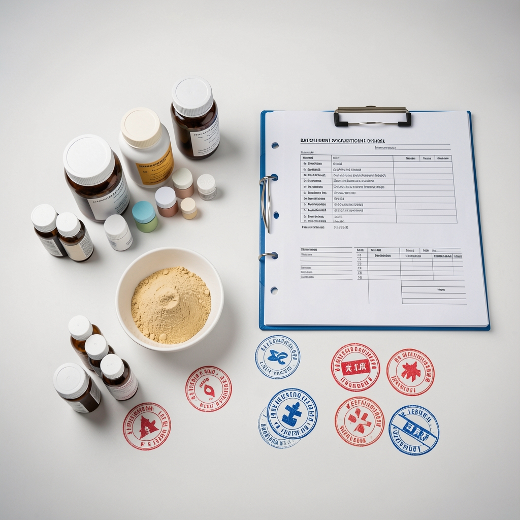 Overhead view of a supplement formulation workspace with ingredient samples, batch documentation folders, and verification stamps arranged in sequence on a clean surface under controlled studio lighting