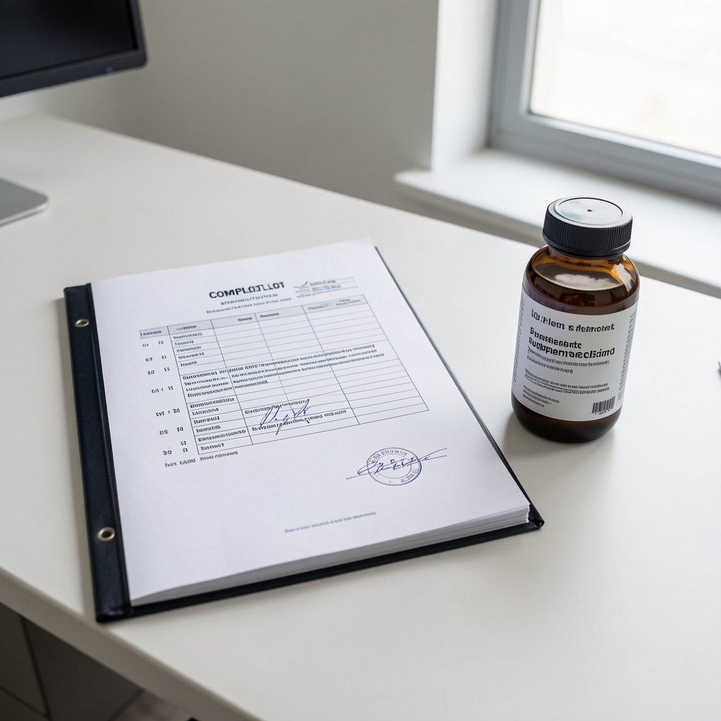 Completed lot record document folder with numbered lot reference on the cover, placed alongside a finished supplement bottle on a clean desk surface