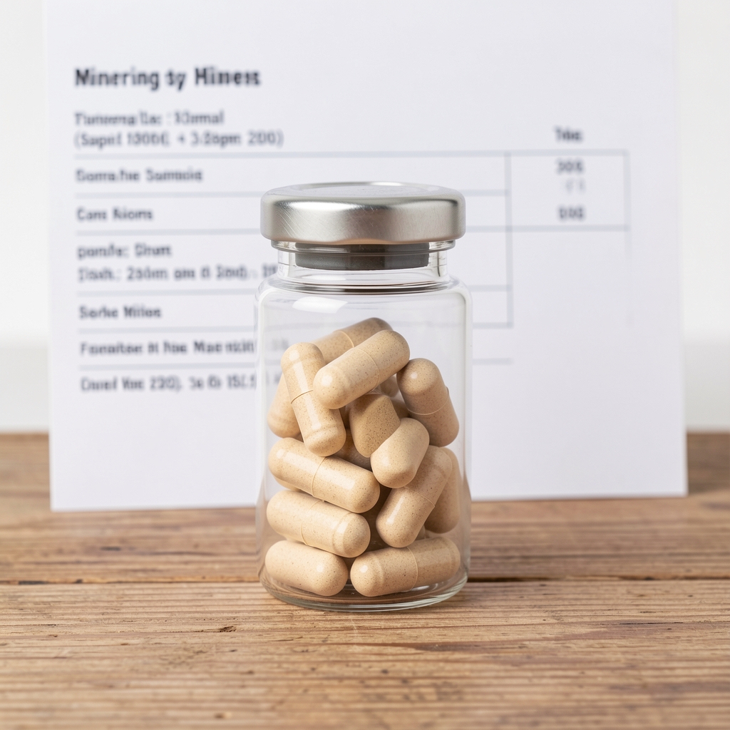 Glass vial containing mineral supplement capsules on a wooden surface with sourcing documentation in the background under bright studio lighting