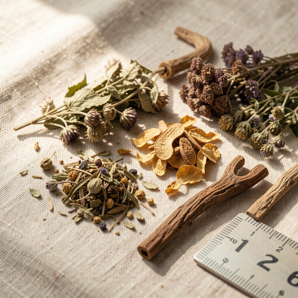 Dried botanical herbs and roots arranged on a linen surface with natural daylight illumination and measurement scale in the corner
