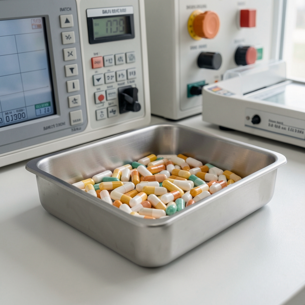 Close-up of supplement capsules in a quality-control tray on a clean workspace with instrument panels and batch reference numbers visible