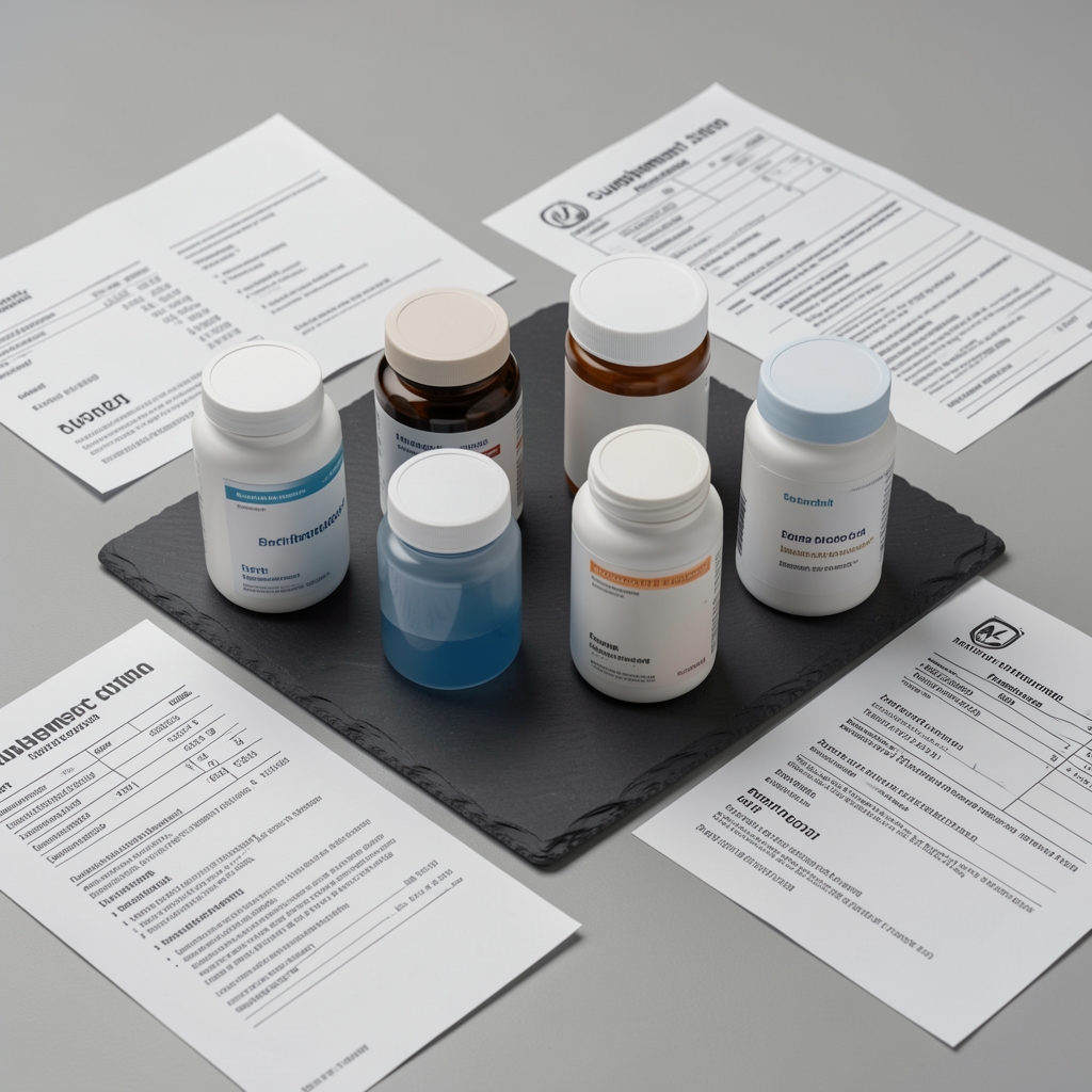 Six supplement formulation bottles arranged in a grid on a matte slate surface with printed batch codes and ingredient origin documents spread around them under controlled studio lighting